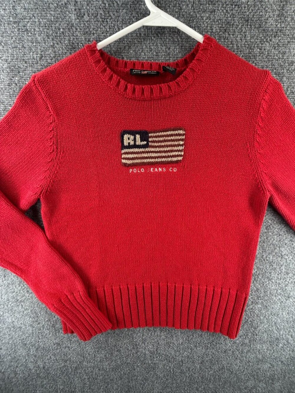 Polo Jeans Ralph Lauren Red Knit Pullover Flag Sweater RL Embroidered Large